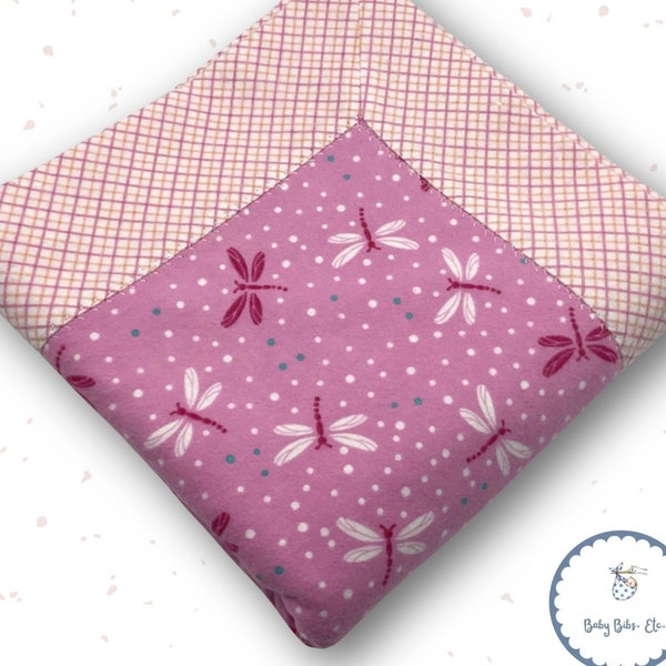 Pink Fireflies with Pink Lattice Plaid Backing Self Binding Handmade Flannel Baby Girl Blanket Welcome Newborn