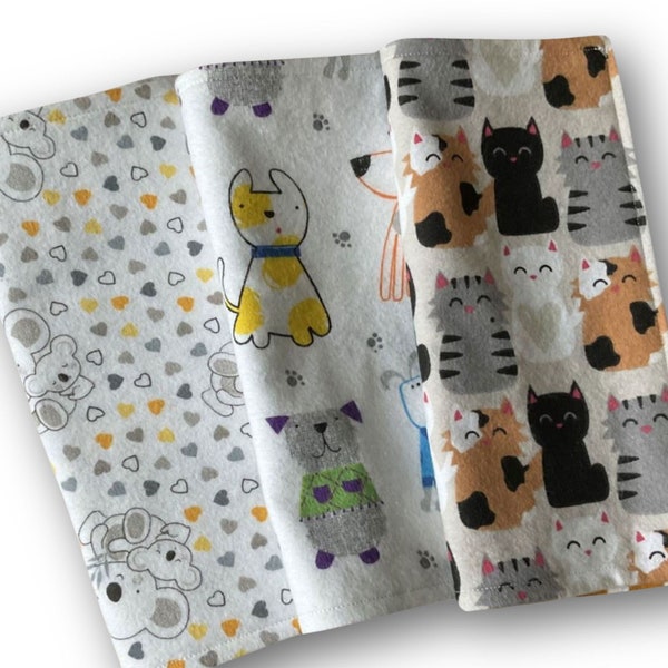 Flannel Double Sided Reversible Baby Boy or Girl Burp Cloth Set of 3 Cute Cats Colorful Dogs and Koala Bears Nursery Print