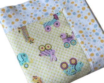 Yellow Baby Toys with Multi Colored Dots, Self Binding Reversible Flannel Receiving Blanket, Neutral Newborn Gift