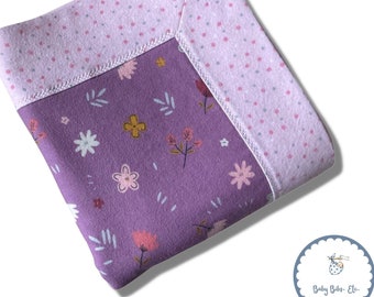 Modern Scattered Flowers on Purple Flannel Handmade Self Binding Girl's Receiving Baby Blanket, Baby Shower Gift