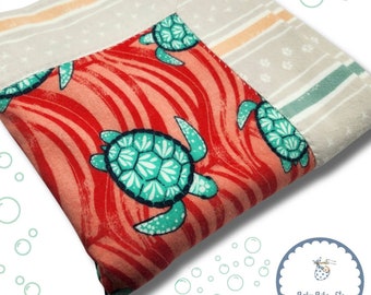 Turtles on Coral Flannel with Striped Backing Self Binding Reversible Flannel Receiving Blanket Baby Shower Gift