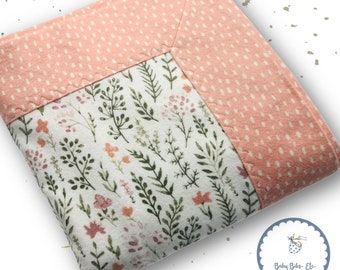 Handmade Flannel Baby Girl Self Binding Blanket with Pink and Peach Delicate Flowers