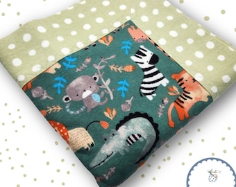 Handmade Flannel Gender Neutral Self Binding Baby Blanket Wild Jungle Animals with Green Backing and Dots