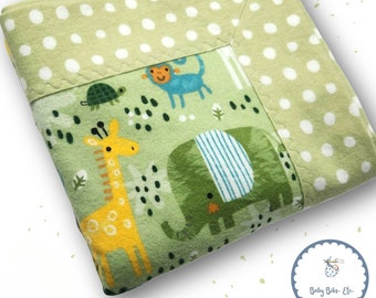 Handmade Double Sided Flannel Green Safari Animals Gender Neutral Baby Blanket Gift
