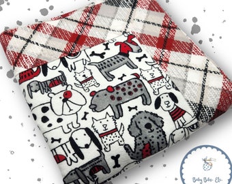 Flannel Handmade Self Binding Baby Blanket with Sketched Dogs and Red Plaid Backing