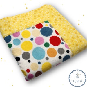 Handmade Flannel Self Binding Baby Boy or Girl Blanket, Rainbow Colored Dots with Yellow & White Stars, Baby Shower Gift