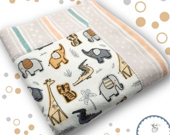 Gender Neutral Safari Animal Baby Blanket with Striped Backing Self Binding Reversible Flannel Handmade, Newborn Gift