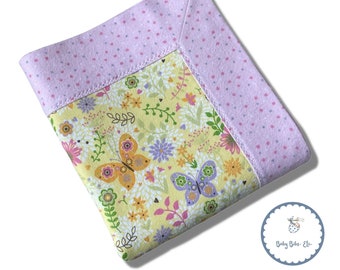 Handmade Flannel Baby Girl Blanket Self Binding Double Sided with Yellow Butterflies and Pink Dots