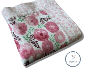 Baby Girl Shades of Pink Floral, Pink Flowers Backing, Self Binding Flannel Handmade Swaddle Blanket