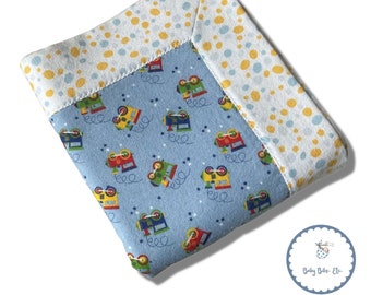 Self Binding Handmade Flannel Receiving Baby Boy Blanket with Colorful Trains