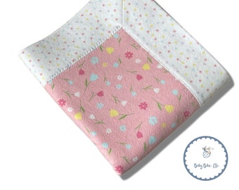 Handmade Flannel Baby Girl Self Binding Blanket Colorful Tulips with Pastel Dots Backing