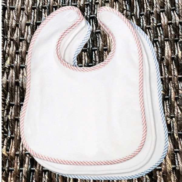 Blank Cotton Poly Baby Toddler Bibs You Can Embroider Baby's Name White Blue or Pink Trim, Crafting, Sewing, New Baby