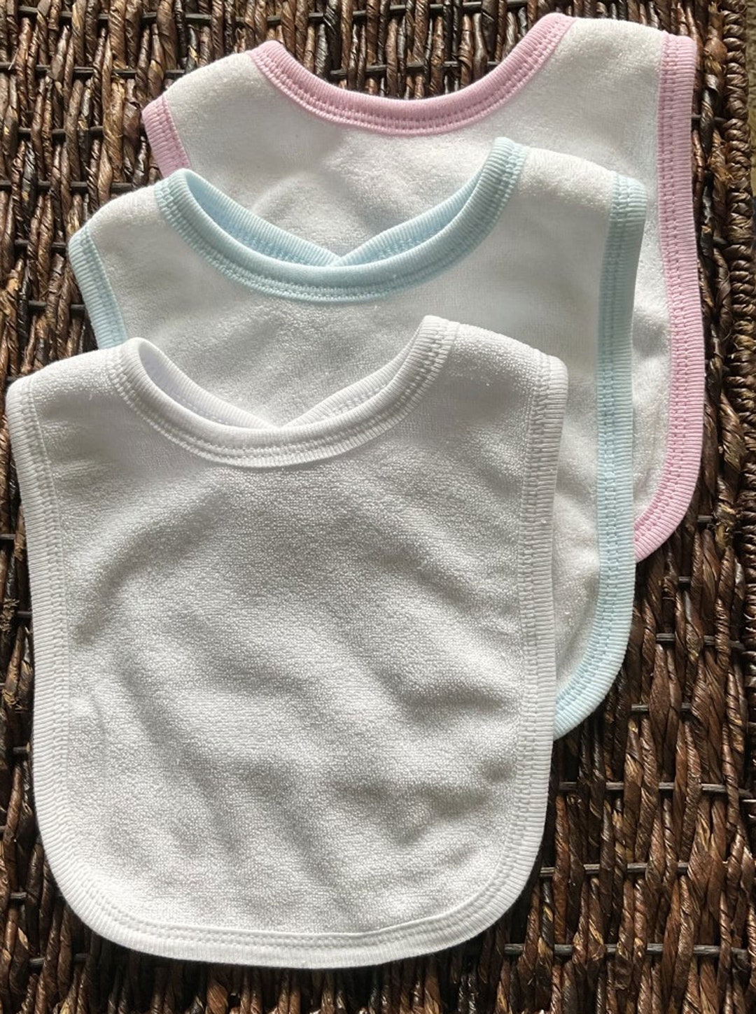 Blank Cotton Poly Infant Bibs You Can Embroider White Blue or Pink Trim