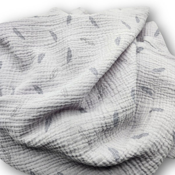 100% Organic Cotton Double Gauze Gray Feathers Nursery Print Lightweight Swaddle Gender Neutral Baby Blanket