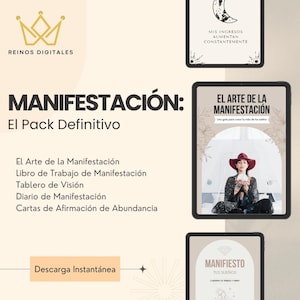 Puede incluir: Pack digital en español, "Manifestación: El Pack Definitivo", con ebooks y guías sobre manifestación, tableros de visión y cartas de afirmación. Incluye un logo de corona dorada y las palabras "Reinos Digitales".