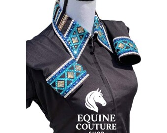 Camisa de espectáculo de rodeo hecha a mano: tela elástica, cristales Preciosa