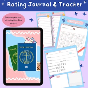 Könnte beinhalten: Digitales Bubble Tea Bewertungsjournal und Tracker mit blauem und rosa Thema. Enthält ein Tablet mit Bubble Tea Pass-Designs und druckbare Seiten zum Verfolgen von Boba-Bestellungen, Zuckergehalt und Bewertungen.