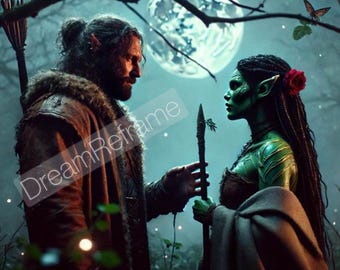 Puede incluir: Arte digital que representa a dos personajes de fantasía en un bosque iluminado por la luna. Un hombre con un abrigo forrado de piel y una mujer de piel verde con una flor roja en el pelo se enfrentan. La mujer sostiene una lanza.