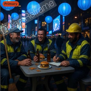 May include: Three workers in blue and yellow safety jackets and hard hats are seated at a gray table, enjoying burgers and beer. The scene is set at night with blue lanterns overhead and city lights in the background.