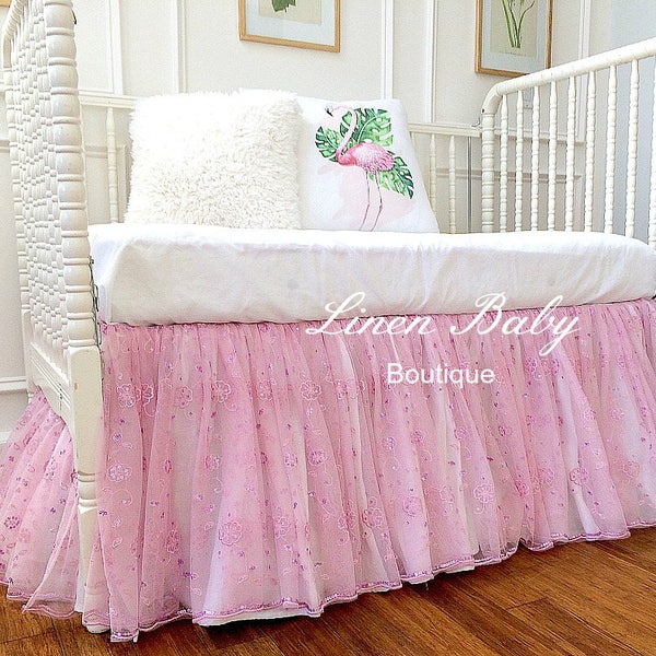 Pink Crib Skirt. Pink Sheer Sequined Crib Skirt. Ready to Ship!