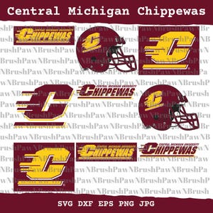 以下が含まれることがあります： セントラルミシガン・チペワズのグラフィックコレクション。マルーンとゴールドを使用。ヘルメットのデザイン、スタイリッシュな矢印付きの文字「C」、大学名が含まれます。形式：SVG、DXF、EPS、PNG、JPG。