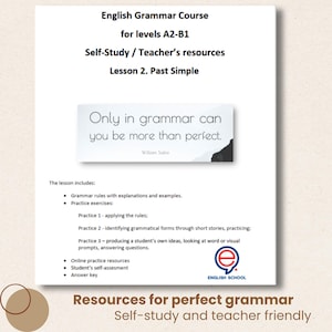 May include: A white English grammar course sheet with the title "English Grammar Course" and the text "Lesson 2. Past Simple". The sheet includes grammar rules, practice exercises, and online resources. The bottom of the sheet reads "Resources for perfect grammar".
