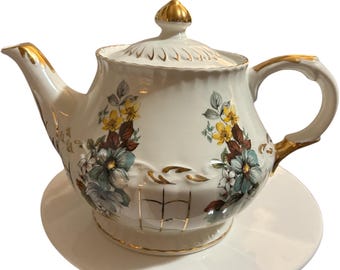 Vintage Ellgreave Genuine Ironstone Teapot With Floral Pattern And Gold Trim