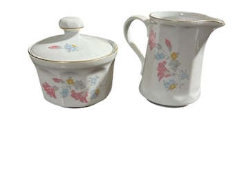 Vintage Set of Kahla Porcelain Lidded Sugar Bowl And Creamer With Floral Pattern and Gold Trim
