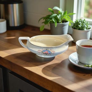May include: A cream-colored gravy boat with a handle and a decorative floral design. The boat has a blue trim and a small, ornate floral medallion. It sits on a wooden surface, next to a cup of tea and a saucer.