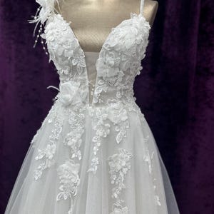 3D Floral Applique Wedding Dress – Deep V Neck – Custom Made A-Line Bridal Gown