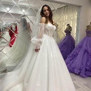 Off Shoulder Wedding Dress – Puffy Sleeves – Lace Corset Bridal Gown – Custom Made