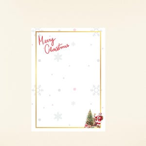 Può includere: Un foglio di carta da lettere bianco a tema natalizio con un bordo dorato e la scritta "Merry Christmas" in rosso. Il design include fiocchi di neve, punti, un albero di Natale, Babbo Natale e regali.