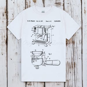 Vintage patentkaffemaskin T-shirt Latte Americano konstskjorta sällsynt cafékaka teälskare barista gåva retro kruka stil ritning tee