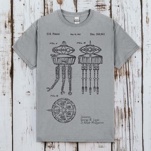 Può includere: Una t-shirt grigia a maniche corte con una stampa nera di un brevetto statunitense per un design di droide. La grafica include i disegni tecnici Fig. 1, Fig. 2 e Fig. 3, il testo U.S. Patent May 10, 1983 Des. 268,942 e Inventor George W. Lucas Jr. Ralph McQuarrie.