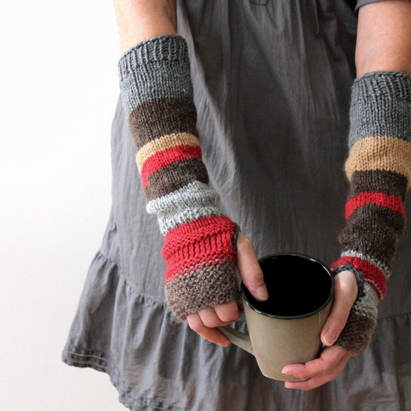 Hand knit urban rustic fingerless mitts / autumn color / earthy brown / apple red / rustic gray / arm cozy / mix and match arm warmers