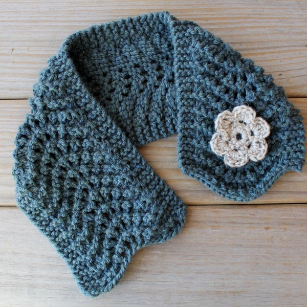 Hand knit soft blue scarf / cottage chic scarflette /  rustic country inspired / crocheted flower brooch / muted cerulean blue / neck cozy