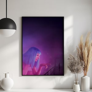 May include: A framed art print featuring a woman with blue hair, set against a purple and pink background. The woman is leaning on a railing, with a figure in the distance. The artwork has a cinematic, futuristic theme.