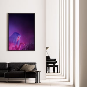 May include: A framed art print featuring a woman with blue hair in a purple and pink lit scene. The artwork hangs on a white wall above a black leather sofa. A black grand piano is visible in the background.