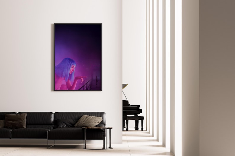 May include: A framed art print featuring a woman with blue hair in a purple and pink lit scene. The artwork hangs on a white wall above a black leather sofa. A black grand piano is visible in the background.