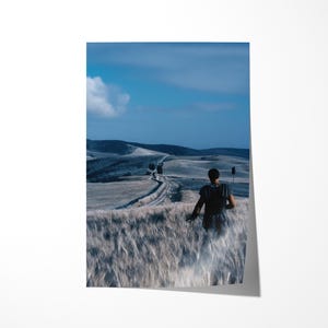 以下が含まれることがあります： 高い草の野原を歩く人物のプリント。背景には、丘を縫うように走る道があります。空は明るい青色で、雲がいくつかあります。画像はクールなカラーパレットです。