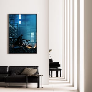 May include: A framed artwork depicts a silhouetted figure on a construction site, with a blue and orange color palette. The artwork hangs above a black leather sofa and a side table. A black grand piano is visible in the background.