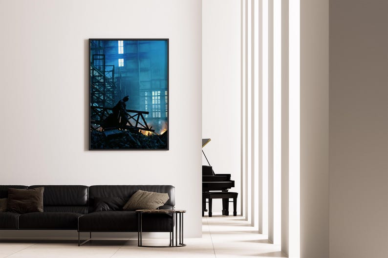 May include: A framed artwork depicts a silhouetted figure on a construction site, with a blue and orange color palette. The artwork hangs above a black leather sofa and a side table. A black grand piano is visible in the background.