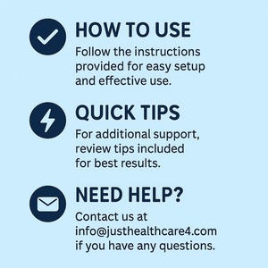 Puede incluir: Gráfico informativo azul claro con el texto "READ ME FIRST". Incluye secciones tituladas "HOW TO USE", "QUICK TIPS" y "NEED HELP?" con información de contacto para soporte.