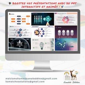 Peut inclure: Un écran d'ordinateur affichant une présentation avec plusieurs diapositives. Les diapositives contiennent des diagrammes, des graphiques et du texte en plusieurs langues. Le haut de l'écran indique "BOOSTEZ VOS PRÉSENTATIONS AVEC 20 PPT INTERACTIFS ET ANIMÉS!" et inclut des coordonnées.