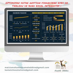 Pode incluir: Um monitor de computador exibindo um painel financeiro interativo do Excel. O painel apresenta gráficos e dados financeiros, com o texto "OPTIMISEZ VOTRE GESTION FINANCIERE AVEC CE TABLEAU DE BORD EXCEL INTERACTIF!".