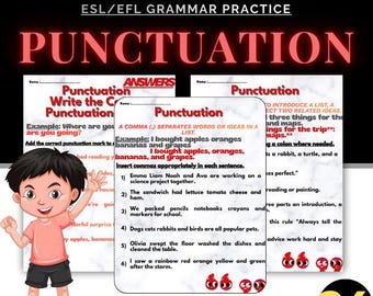 Hojas de trabajo de puntuación y edición para niños: puntos, comas, dos puntos y signos de interrogación - PDF de alfabetización en casa - Cuaderno de ejercicios de corrección de oraciones