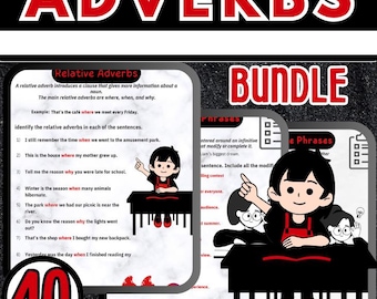 Cuaderno de trabajo de adverbios y adverbios relativos - Hojas de trabajo de modo, tiempo, lugar y frecuencia - PDF de alfabetización para la educación en el hogar - Construcción de oraciones de gramática ESL