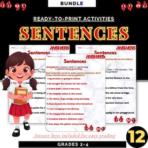May include: Educational bundle featuring ready-to-print sentence activities for grades 2-4. The image shows a young girl holding a book, with worksheets displaying sentence construction exercises and answer keys. The title "SENTENCES" is prominently displayed.