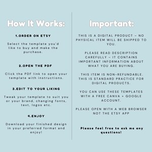 May include: A light blue graphic with white text detailing the steps to purchase and use a digital template. The text includes instructions on ordering on Etsy, opening a PDF, editing the template, and downloading the design.