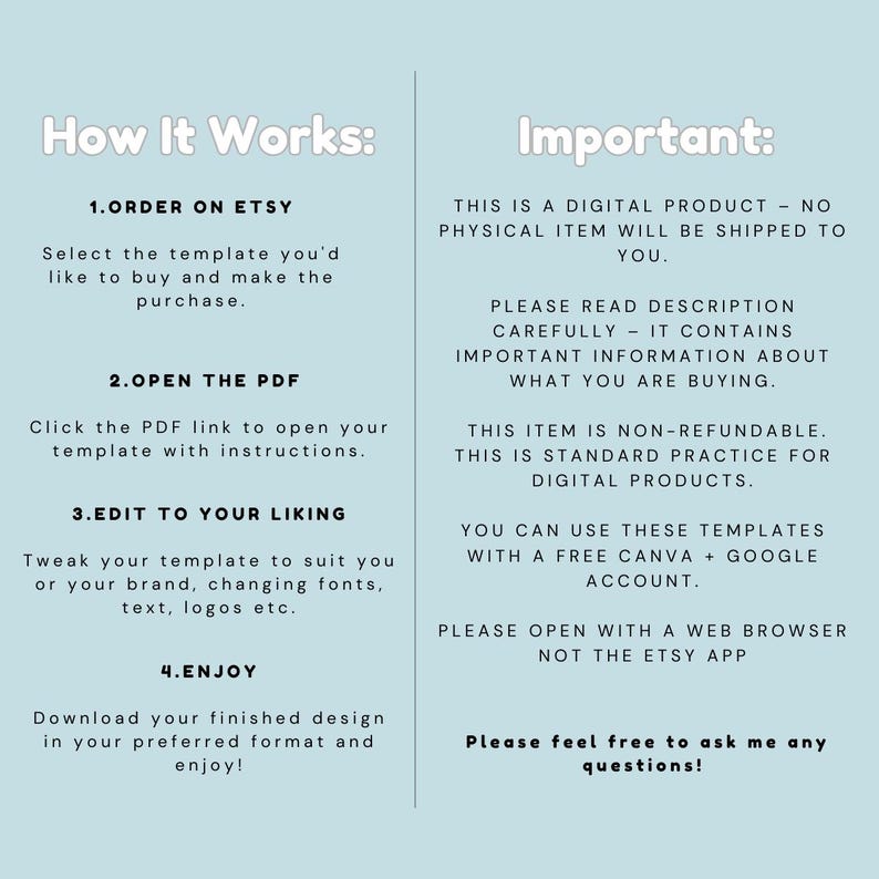 May include: A light blue graphic with white text detailing the steps to purchase and use a digital template. The text includes instructions on ordering on Etsy, opening a PDF, editing the template, and downloading the design.